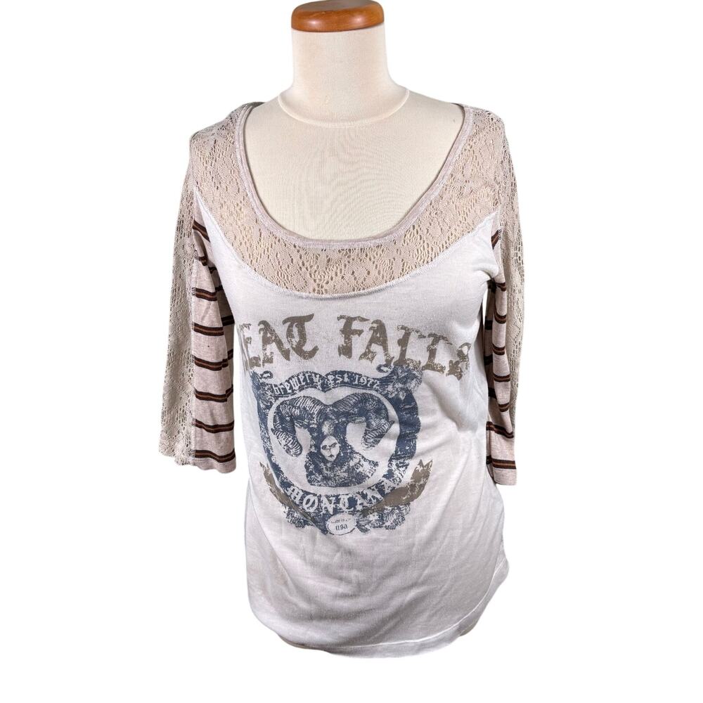 We The Free Womens Shirt Size Large Striped Great Falls Montana Eyelet Lace Trim